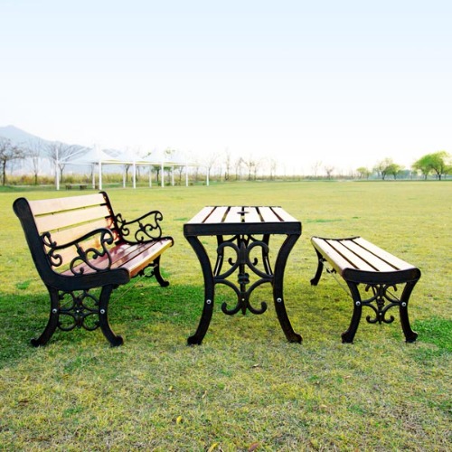 S2297 꽃평등벤치세트(6~8인용) 목재 주물 야외 테라스 정원 테이블 의자 세트